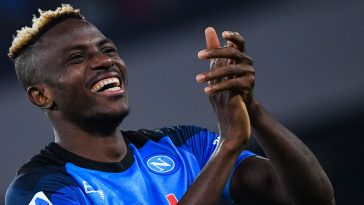 Napoli's Nigerian forward Victor Osimhen reacts at the end of the Italian Serie A football match between Napoli and Empoli on November 8, 2022 at the Diego-Maradona stadium in Naples