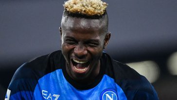 Napoli's Nigerian forward Victor Osimhen reacts at the end of the Italian Serie A football match between Napoli and Empoli on November 8, 2022 at the Diego-Maradona stadium in Naples.