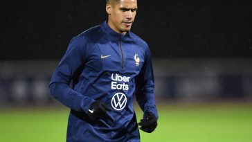 France's defender Raphael Varane takes part during training session at the team's training camp in Clairefontaine-en-Yvelines, south of Paris, on November 15, 2022, five days ahead of the Qatar 2022 FIFA World Cup football tournament.