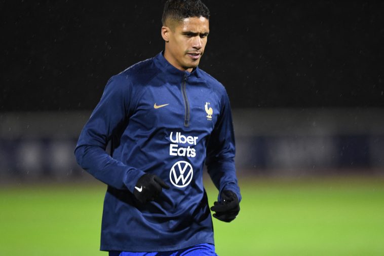 France's defender Raphael Varane takes part during training session at the team's training camp in Clairefontaine-en-Yvelines, south of Paris, on November 15, 2022, five days ahead of the Qatar 2022 FIFA World Cup football tournament.