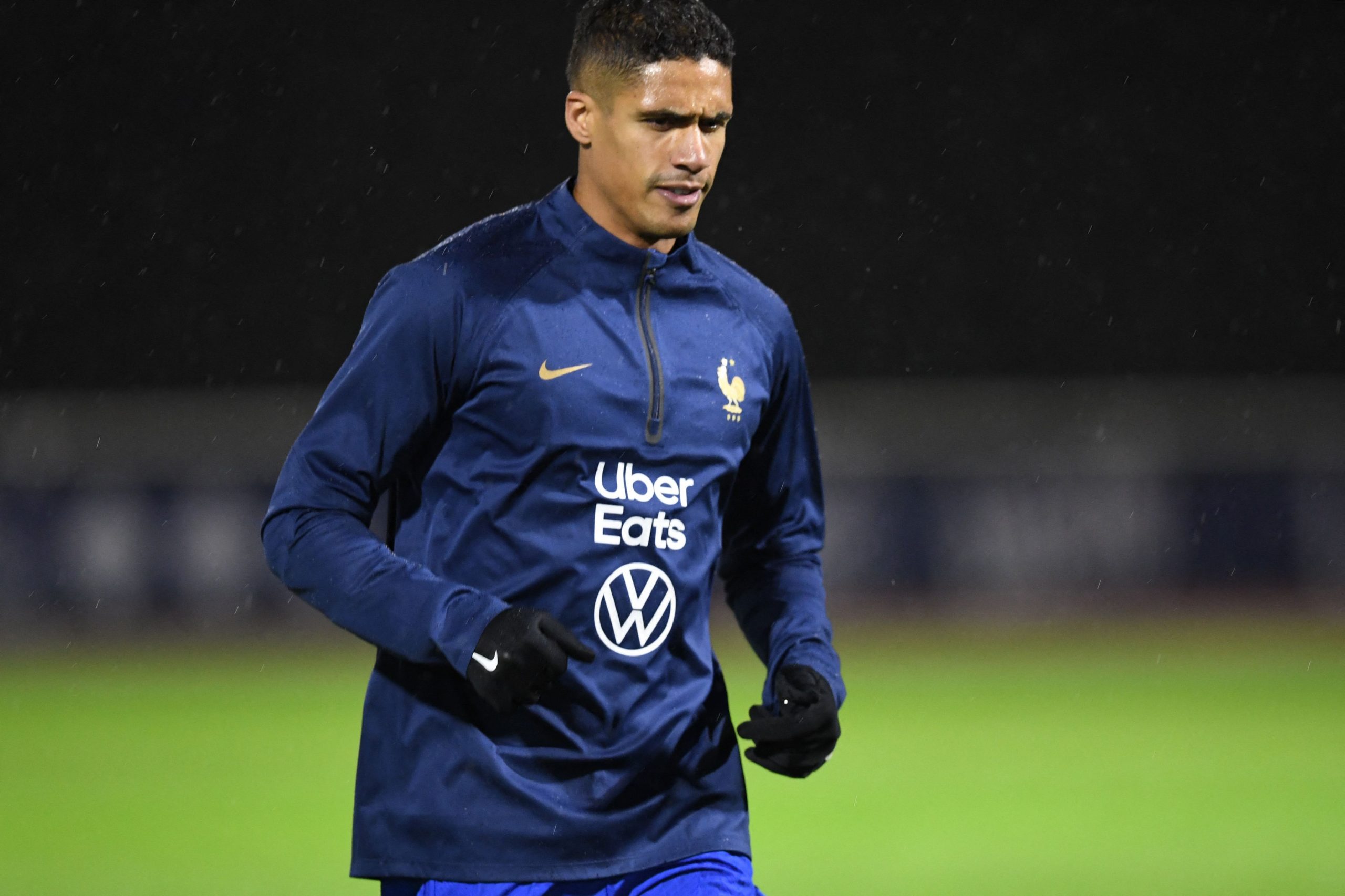 France's defender Raphael Varane takes part during training session at the team's training camp in Clairefontaine-en-Yvelines, south of Paris, on November 15, 2022, five days ahead of the Qatar 2022 FIFA World Cup football tournament.