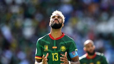 Cameroon's forward #13 Eric Maxim Choupo-Moting reacts after a missed opportunity during the Qatar 2022 World Cup Group G football match between Switzerland and Cameroon at the Al-Janoub Stadium in Al-Wakrah, south of Doha on November 24, 2022
