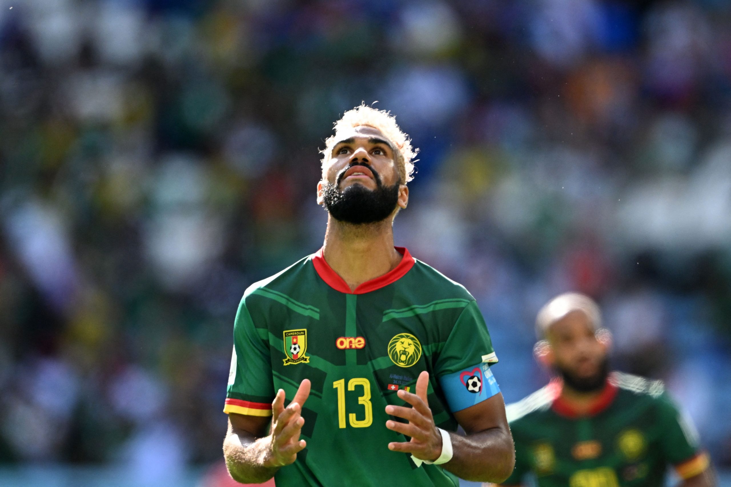 Cameroon's forward #13 Eric Maxim Choupo-Moting reacts after a missed opportunity during the Qatar 2022 World Cup Group G football match between Switzerland and Cameroon at the Al-Janoub Stadium in Al-Wakrah, south of Doha on November 24, 2022