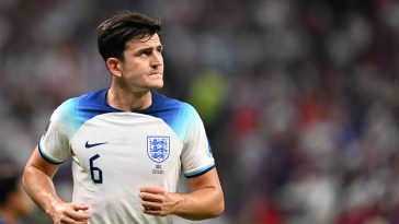 England's defender #06 Harry Maguire looks on during the Qatar 2022 World Cup Group B football match between England and USA at the Al-Bayt Stadium in Al Khor, north of Doha on November 25, 2022