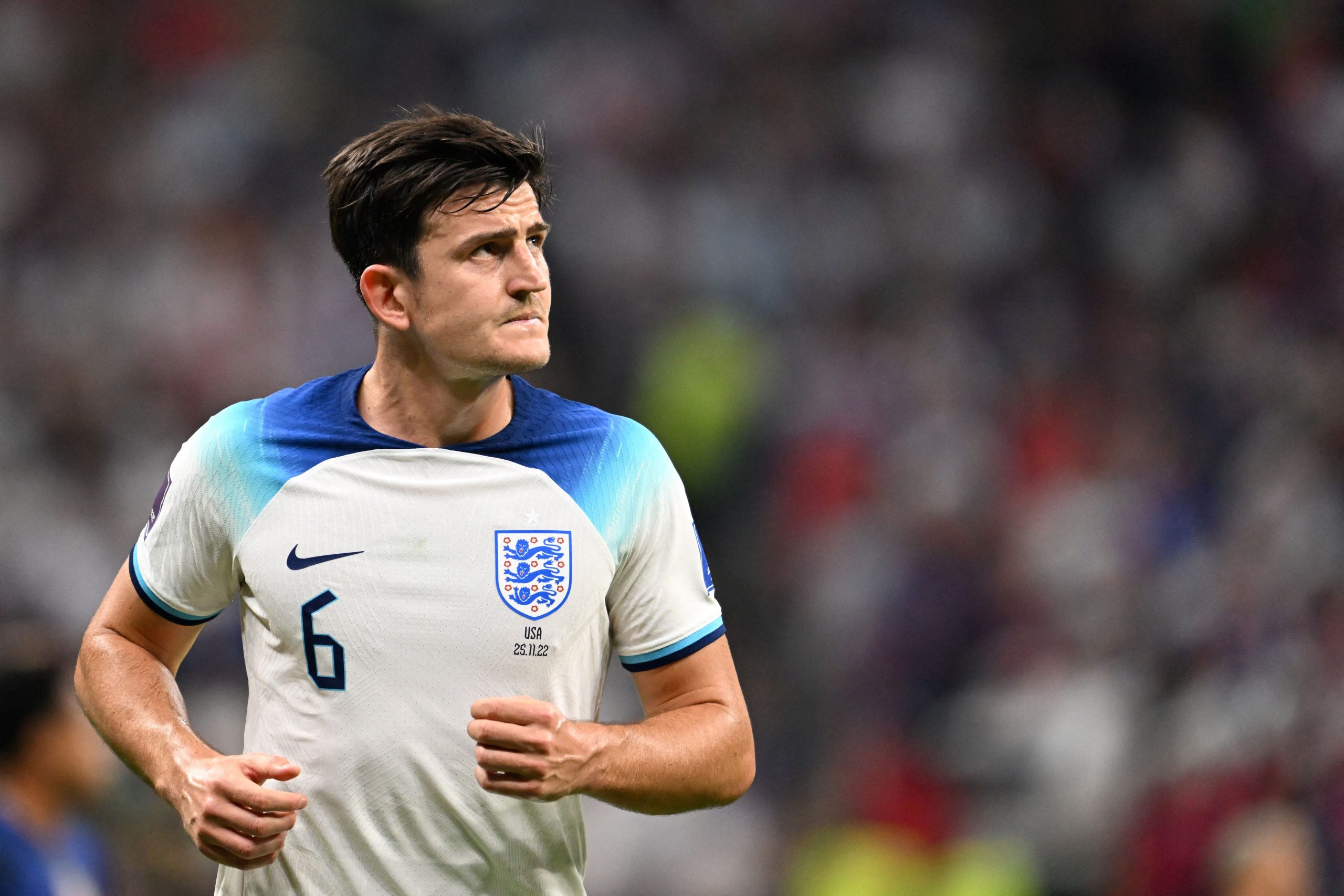 England's defender #06 Harry Maguire looks on during the Qatar 2022 World Cup Group B football match between England and USA at the Al-Bayt Stadium in Al Khor, north of Doha on November 25, 2022