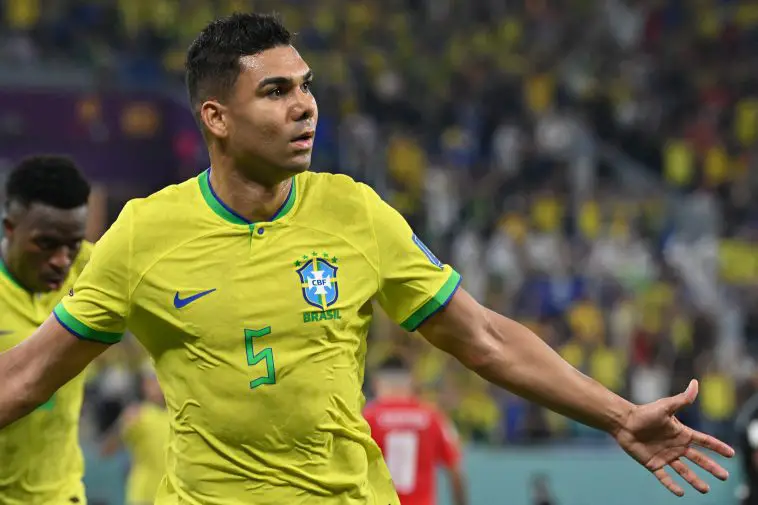 Brazil's midfielder #05 Casemiro celebrates after he scored his team's first goal during the Qatar 2022 World Cup Group G football match between Brazil and Switzerland at Stadium 974 in Doha on November 28, 2022.