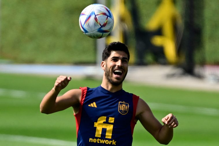 Spain's forward Marco Asensio attends a training session at the Qatar University training site in Doha on November 19, 2022, ahead of the Qatar 2022 World Cup football tournament