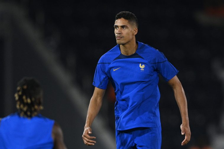 France's defender Raphael Varane takes part in a training session at Al Sadd SC Stadium in Doha on November 25, 2022, on the eve of the Qatar 2022 World Cup football tournament Group D match between France and Denmark
