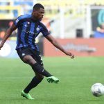 Denzel Dumfries of FC Internazionale in action during the Serie A match between FC Internazionale and US Salernitana at Stadio Giuseppe Meazza on October 16, 2022 in Milan, Italy