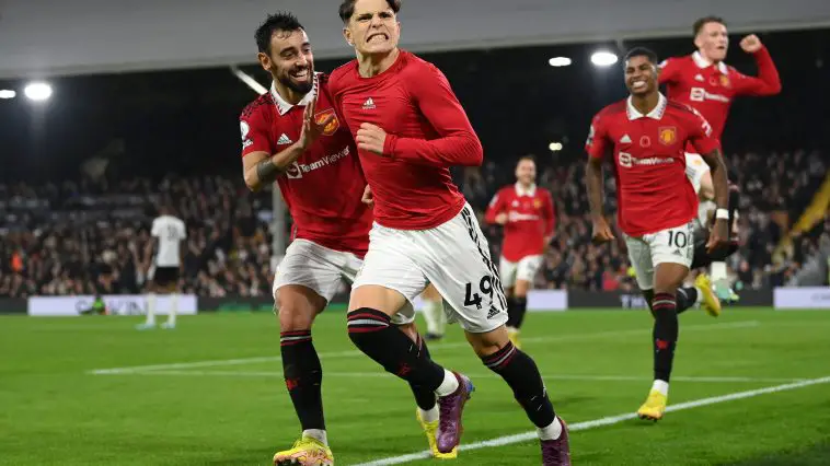 Alejandro Garnacho of Manchester United celebrates scoring their side's second goal during the Premier League match between Fulham FC and Manchester United at Craven Cottage on November 13, 2022 in London, England