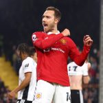 Christian Eriksen of Manchester United celebrates after scoring their team's first goal during the Premier League match between Fulham FC and Manchester United at Craven Cottage on November 13, 2022 in London, England.