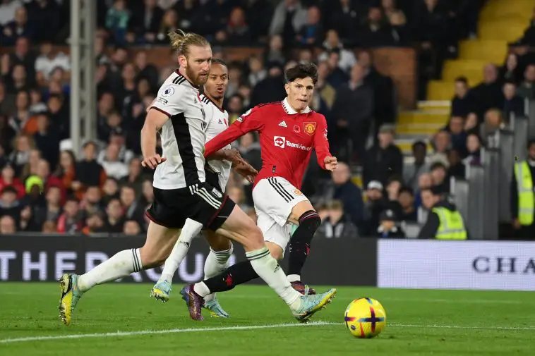 Alejandro Garnacho of Manchester United scores their side's second goal as Bernd Leno of Fulham attempts to make a save during the Premier League match between Fulham FC and Manchester United at Craven Cottage on November 13, 2022 in London, England.