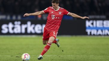 Benjamin Pavard of Bayern Munich controls the ball during the Bundesliga match between Hertha BSC and FC Bayern München at Olympiastadion on November 05, 2022 in Berlin, Germany