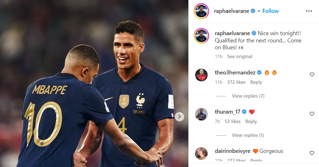 Raphael Varane reacts on Instagram after successful injury return