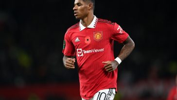 Manchester United player Marcus Rashford in action during the Carabao Cup Third Round match between Manchester United and Aston Villa at Old Trafford on November 10, 2022 in Manchester, England.