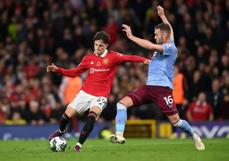 Manchester United player Alejandro Garnacho in action during the Carabao Cup Third Round match between Manchester United and Aston Villa at Old Trafford on November 10, 2022 in Manchester, England.