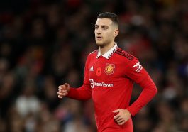 Diogo Dalot of Manchester United looks on during the Carabao Cup Third Round match between Manchester United and Aston Villa at Old Trafford on November 10, 2022 in Manchester, England.