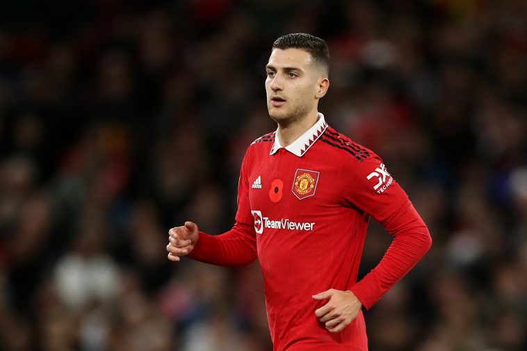 Diogo Dalot of Manchester United looks on during the Carabao Cup Third Round match between Manchester United and Aston Villa at Old Trafford on November 10, 2022 in Manchester, England.