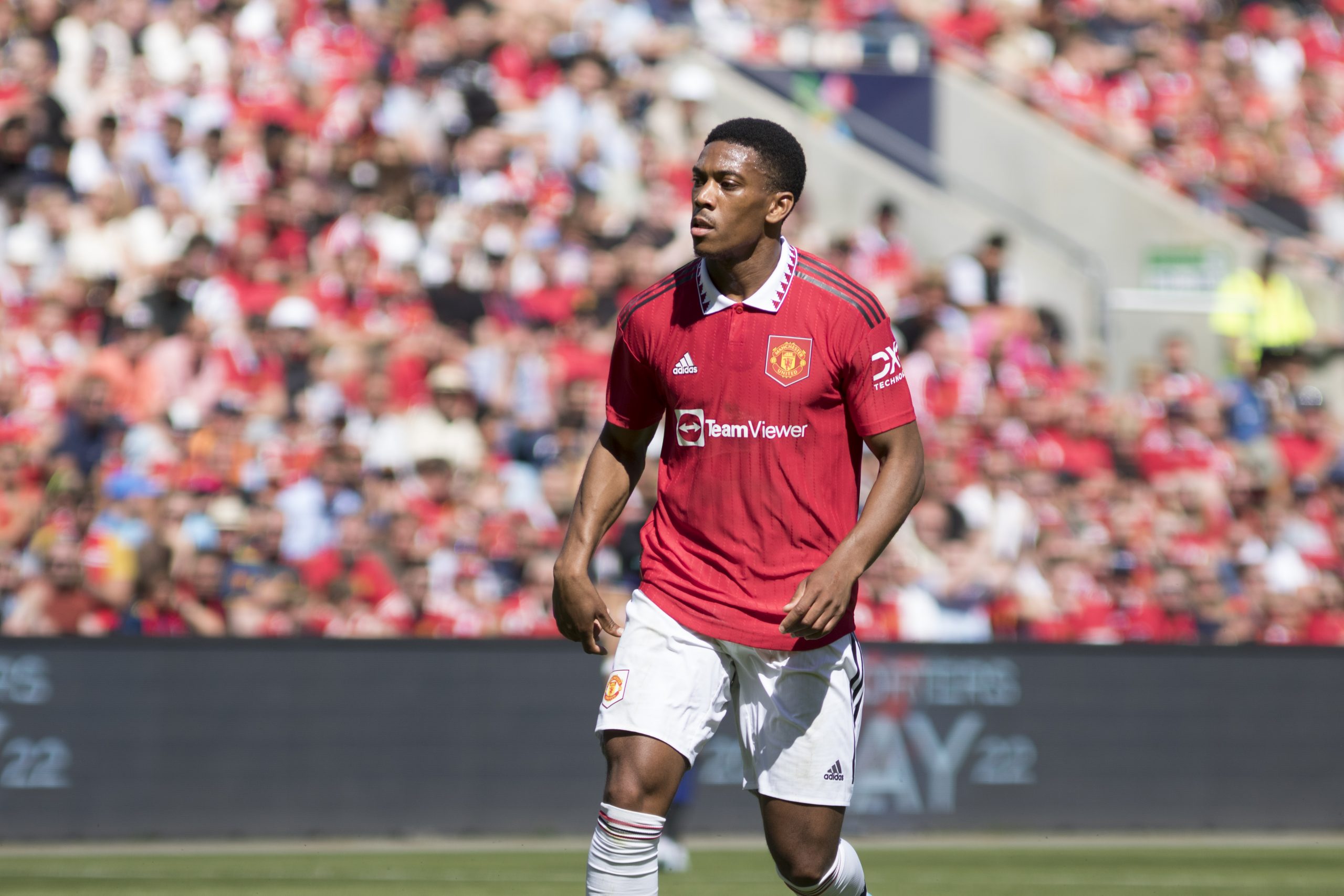 Anthony Martial of Manchester United in action during the pre-season friendly match between Manchester United and Atletico Madrid at Ullevaal Stadion on July 30, 2022 in Oslo, Norway