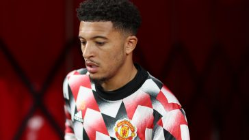 Jadon Sancho of Manchester United walks out the tunnel to warm up during the UEFA Europa League group E match between Manchester United and Sheriff Tiraspol at Old Trafford on October 27, 2022 in Manchester, England