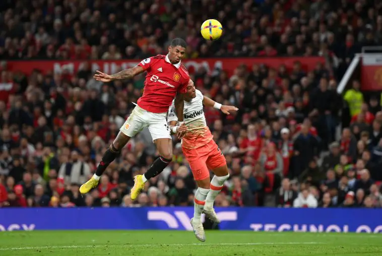 Marcus Rashford of Manchester United beats Thilo Kehrer of West Ham United tom head the first goal during the Premier League match between Manchester United and West Ham United at Old Trafford on October 30, 2022 in Manchester, England.