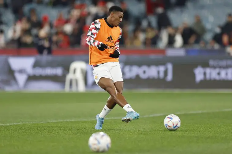 Anthony Martial of Manchester United warms up ahead of the Pre-Season friendly match between Melbourne Victory and Manchester United at Melbourne Cricket Ground on July 15, 2022 in Melbourne, Australia.