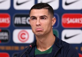 Cristiano Ronaldo of Portugal reacts during the Portugal Press Conference on November 21, 2022 in Doha, Qatar.