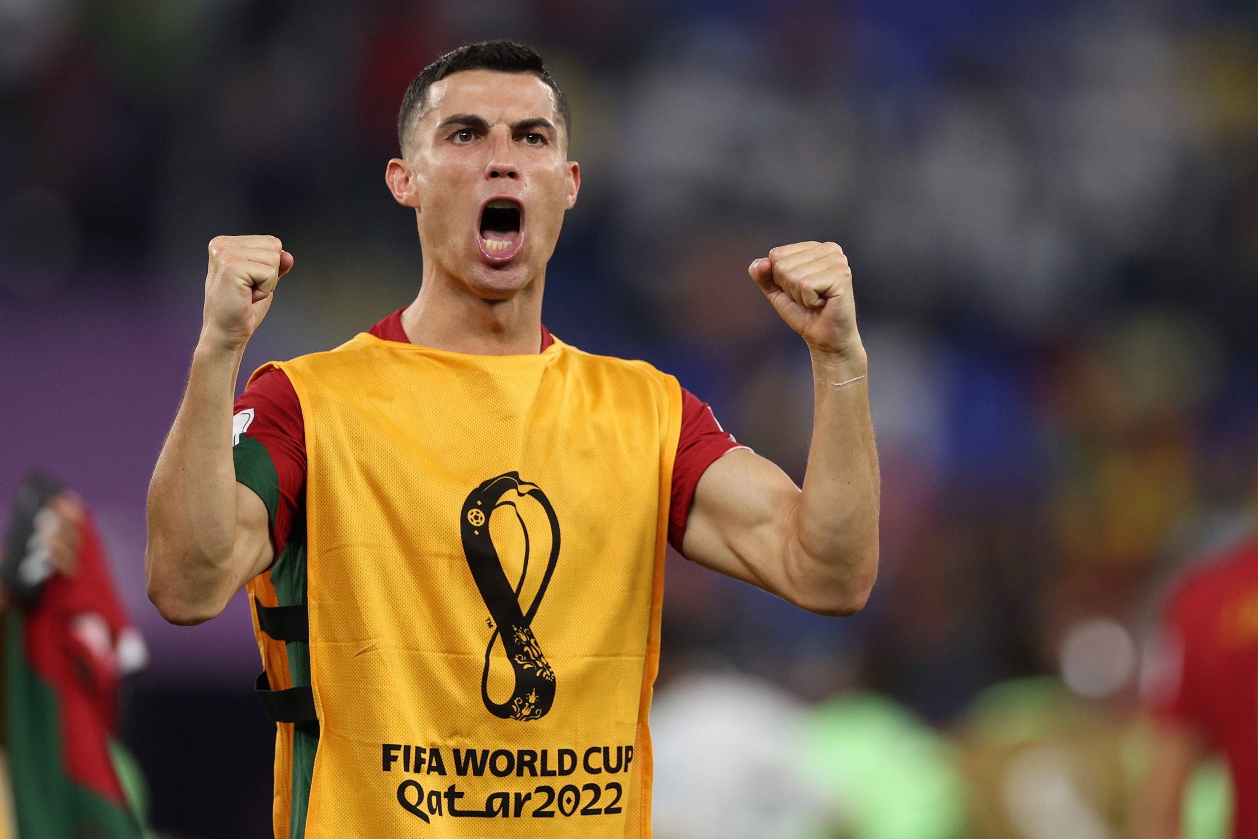 Cristiano Ronaldo of Portugal celebrates in front of the spectators after the final whistle during the FIFA World Cup Qatar 2022 Group H match between Portugal and Ghana at Stadium 974 on November 24, 2022 in Doha, Qatar