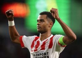 Cody Gakpo of PSV Eindhoven celebrates after scoring their team's first goal during the UEFA Europa League group A match between PSV Eindhoven and FK Bodo/Glimt at Phillips Stadium on September 08, 2022 in Eindhoven, Netherlands.