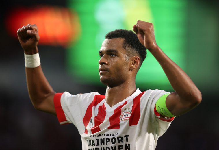Cody Gakpo of PSV Eindhoven celebrates after scoring their team's first goal during the UEFA Europa League group A match between PSV Eindhoven and FK Bodo/Glimt at Phillips Stadium on September 08, 2022 in Eindhoven, Netherlands.