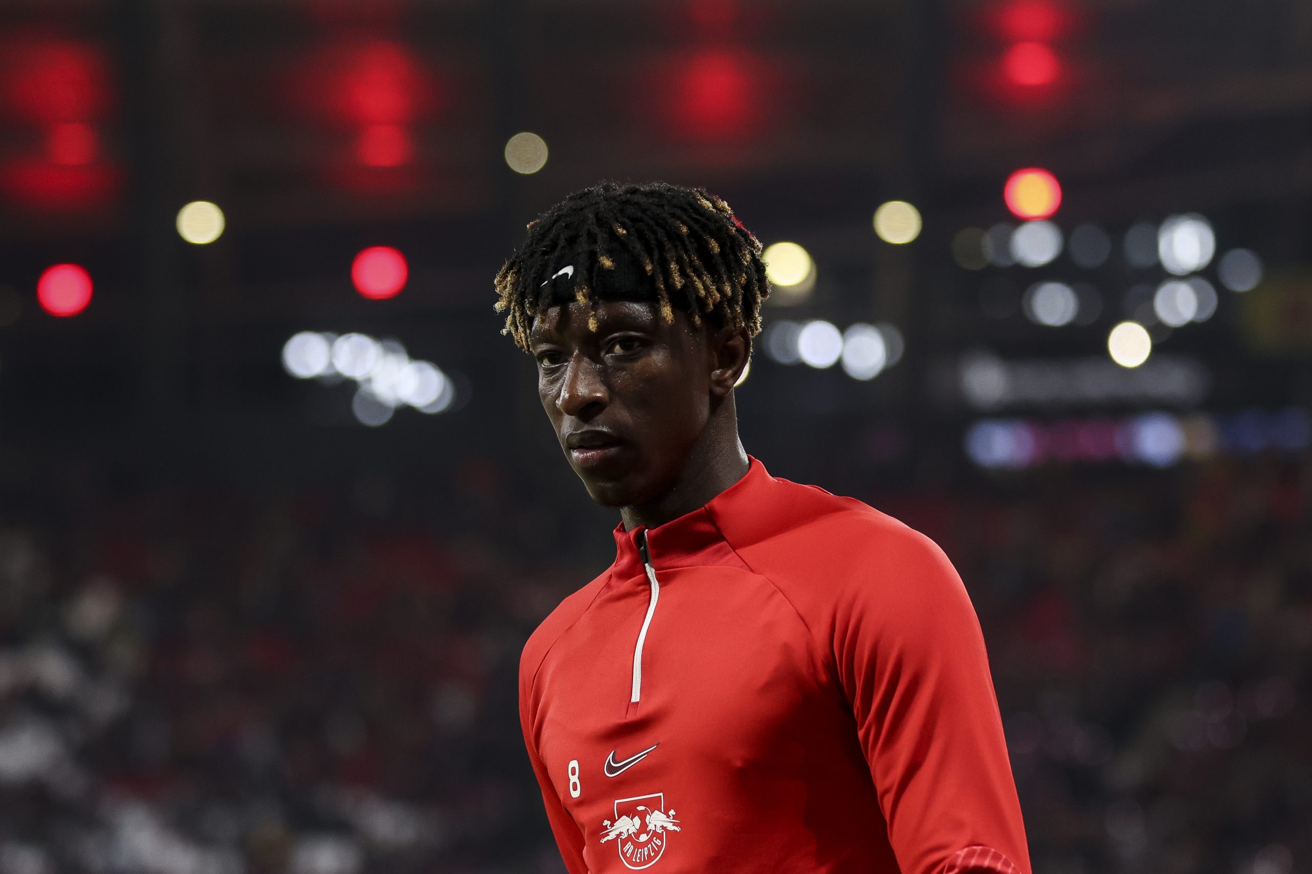 Amadou Haidara of RB Leipzig looks on prior to the UEFA Champions League group F match between RB Leipzig and Real Madrid at Red Bull Arena on October 25, 2022 in Leipzig, Germany