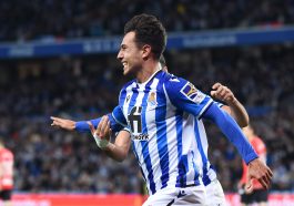 Martin Zubimendi of Real Sociedad celebrates scoring their side's first goal during the LaLiga Santander match between Real Sociedad and Deportivo Alaves at Reale Arena on March 13, 2022 in San Sebastian, Spain.