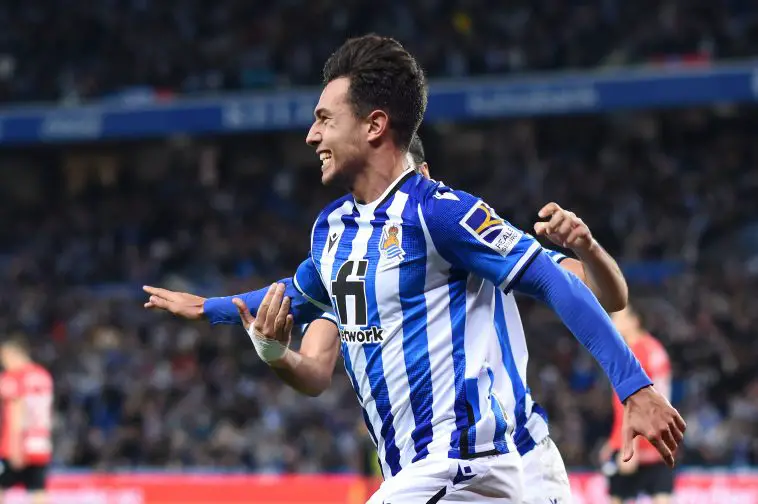 Martin Zubimendi of Real Sociedad celebrates scoring their side's first goal during the LaLiga Santander match between Real Sociedad and Deportivo Alaves at Reale Arena on March 13, 2022 in San Sebastian, Spain.