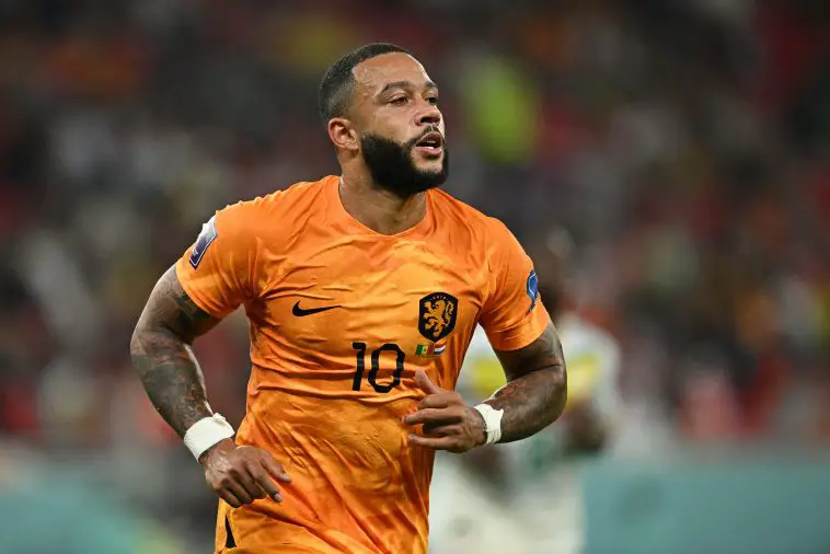 Memphis Depay of The Netherlands in action during the FIFA World Cup Qatar 2022 Group A match between Senegal and Netherlands at Al Thumama Stadium on November 21, 2022 in Doha, Qatar.
