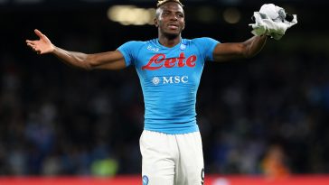 Victor Osimhen of SSC Napoli celebrates the victory after the Serie A match between SSC Napoli and Udinese Calcio at Stadio Diego Armando Maradona on November 12, 2022 in Naples, Italy