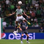 Sporting Lisbon's Ghanaian forward Abdul Fatawu Issahaku (Top) heads the ball during the UEFA Champions League 1st round, group D, football match between Sporting CP and Olympique de Marseille at the Jose Alvalade stadium in Lisbon on October 12, 2022.
