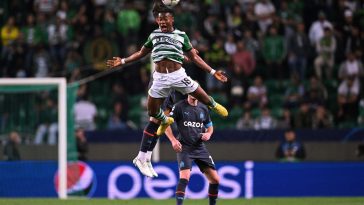 Sporting Lisbon's Ghanaian forward Abdul Fatawu Issahaku (Top) heads the ball during the UEFA Champions League 1st round, group D, football match between Sporting CP and Olympique de Marseille at the Jose Alvalade stadium in Lisbon on October 12, 2022.