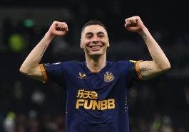Miguel Almiron of Newcastle United celebrates after their sides victory during the Premier League match between Tottenham Hotspur and Newcastle United at Tottenham Hotspur Stadium on October 23, 2022 in London, England
