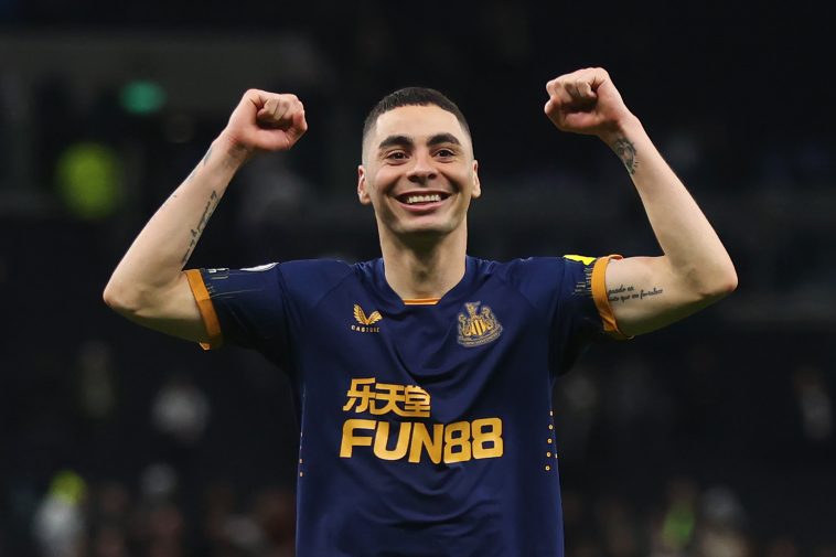 Miguel Almiron of Newcastle United celebrates after their sides victory during the Premier League match between Tottenham Hotspur and Newcastle United at Tottenham Hotspur Stadium on October 23, 2022 in London, England
