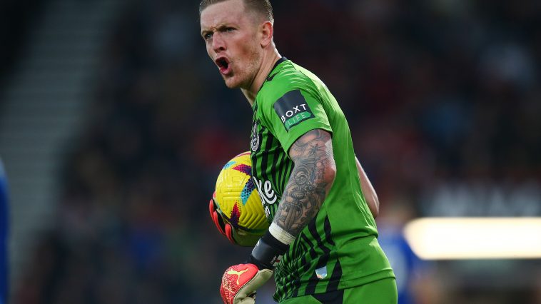 Everton's Jordan Pickford in action during the Premier League match between AFC Bournemouth and Everton FC at Vitality Stadium on November 12, 2022 in Bournemouth, England.