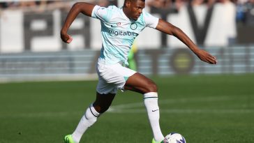 Denzel Dumfries of Inter during the Serie A match between Atalanta BC and FC Internazionale at Gewiss Stadium on November 13, 2022 in Bergamo, Italy