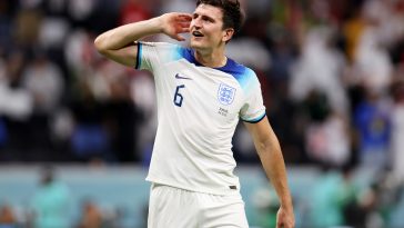 Harry Maguire of England celebrates after the team's victory during the FIFA World Cup Qatar 2022 Round of 16 match between England and Senegal at Al Bayt Stadium on December 04, 2022 in Al Khor, Qatar.