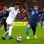 Jadon Sancho of England is challenged by Christian Pulisic of the United States during the International Friendly match between England and United States at Wembley Stadium on November 15, 2018 in London, United Kingdom.