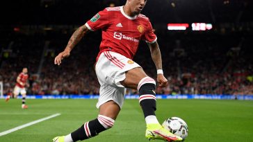 Manchester United's English striker Jadon Sancho controls the ball during the English League Cup third round football match between Manchester United and West Ham United at Old Trafford in Manchester, north west England, on September 22, 2021.