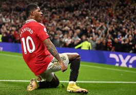 Manchester United's English striker Marcus Rashford celebrates after scoring the opening goal of the English Premier League football match between Manchester United and West Ham United at Old Trafford in Manchester, north-west England, on October 30, 2022