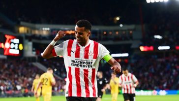 PSV's Dutch forward Cody Gakpo celebrates after scoring the 1-1 goal during the UEFA Europa League Group A first leg football match between PSV Eindhoven and FK Bodo/Glimt at Phillips Stadium in Eindhoven on September 8, 2022