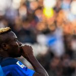 Napoli's Nigerian forward Victor Osimhen celebrates after opening the scoring during the Italian Serie A football match between Napoli and Udinese on November 12, 2022 at the Diego-Maradona stadium in Naples.