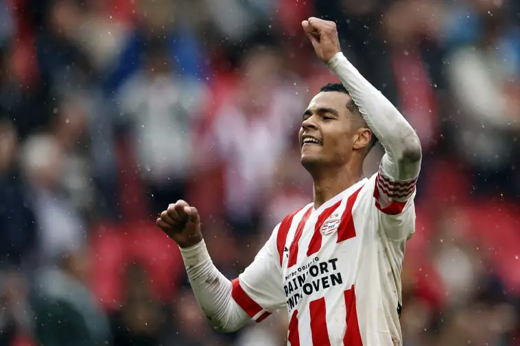 PSV's Dutch forward Cody Gakpo reacts during the Dutch Eredivisie match between PSV Eindhoven and Feyenoord Rotterdam at Phillips stadium in Eindhoven on September 18, 2022