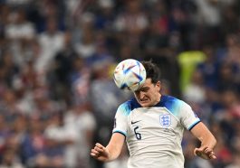 England's defender Harry Maguire heads the ball during the Qatar 2022 World Cup Group B football match between England and USA at the Al-Bayt Stadium in Al Khor, north of Doha on November 25, 2022