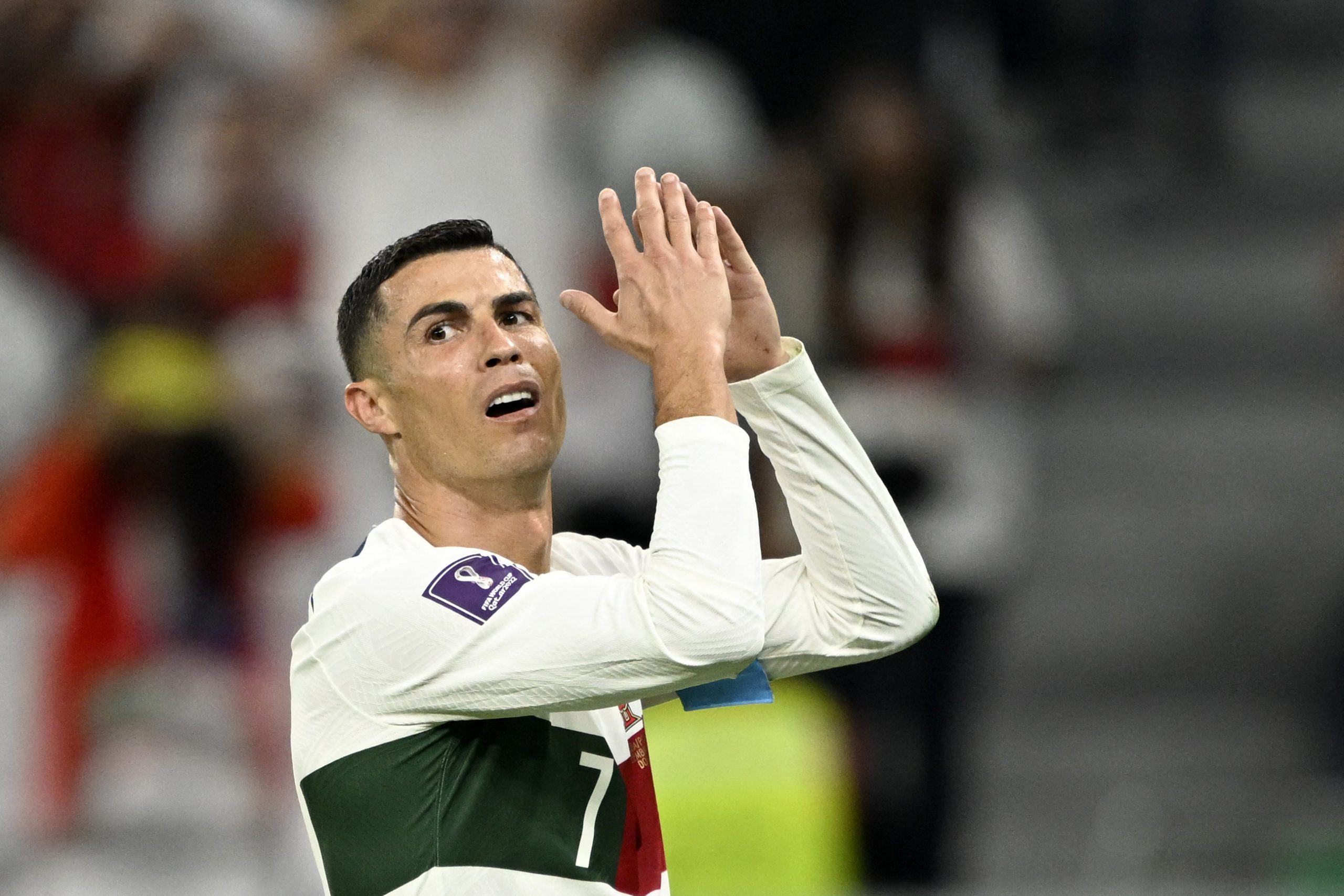 Portugal's forward #07 Cristiano Ronaldo reacts during the Qatar 2022 World Cup Group H football match between South Korea and Portugal at the Education City Stadium in Al-Rayyan, west of Doha on December 2, 2022